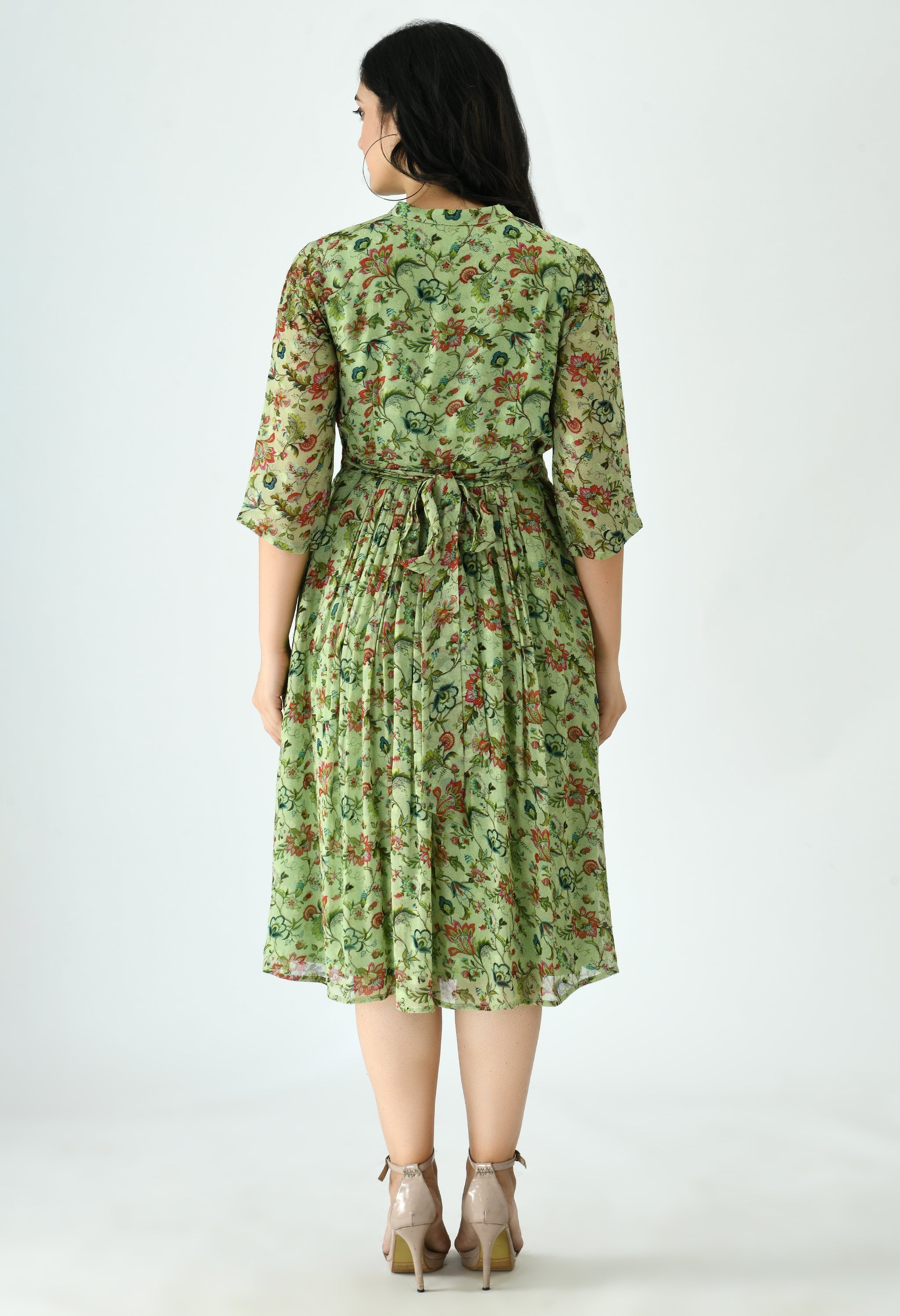 Green Pleated Flare Dress | Pleated Fit And Flare Dress for Women
